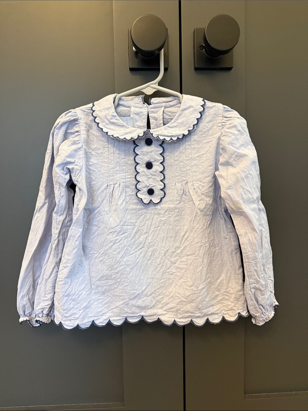 Bella Bliss Girls Long Sleeve Blue Scalloped Neckline Blouse